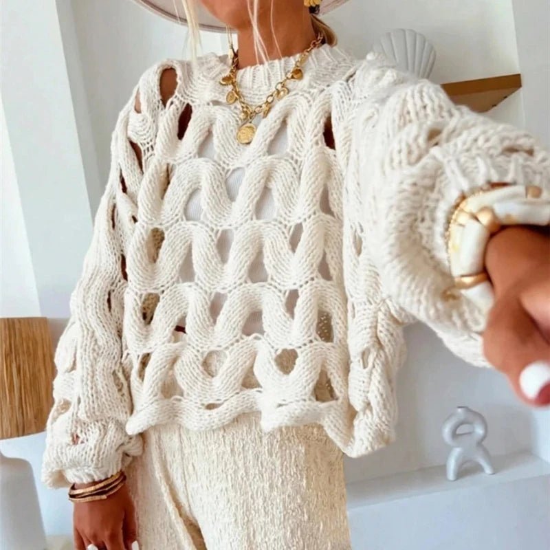 Langärmliger gehäkelter Strickpullover