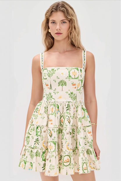 Damen Midikleid Mit Pflanzenprint Und Eckigem Ausschnitt