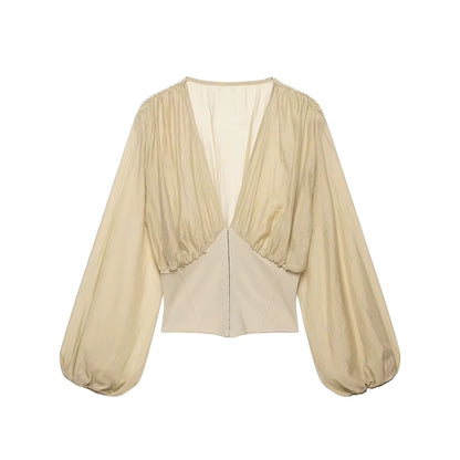Women's corsage blouse with puff sleeves and gathered shoulder in sand