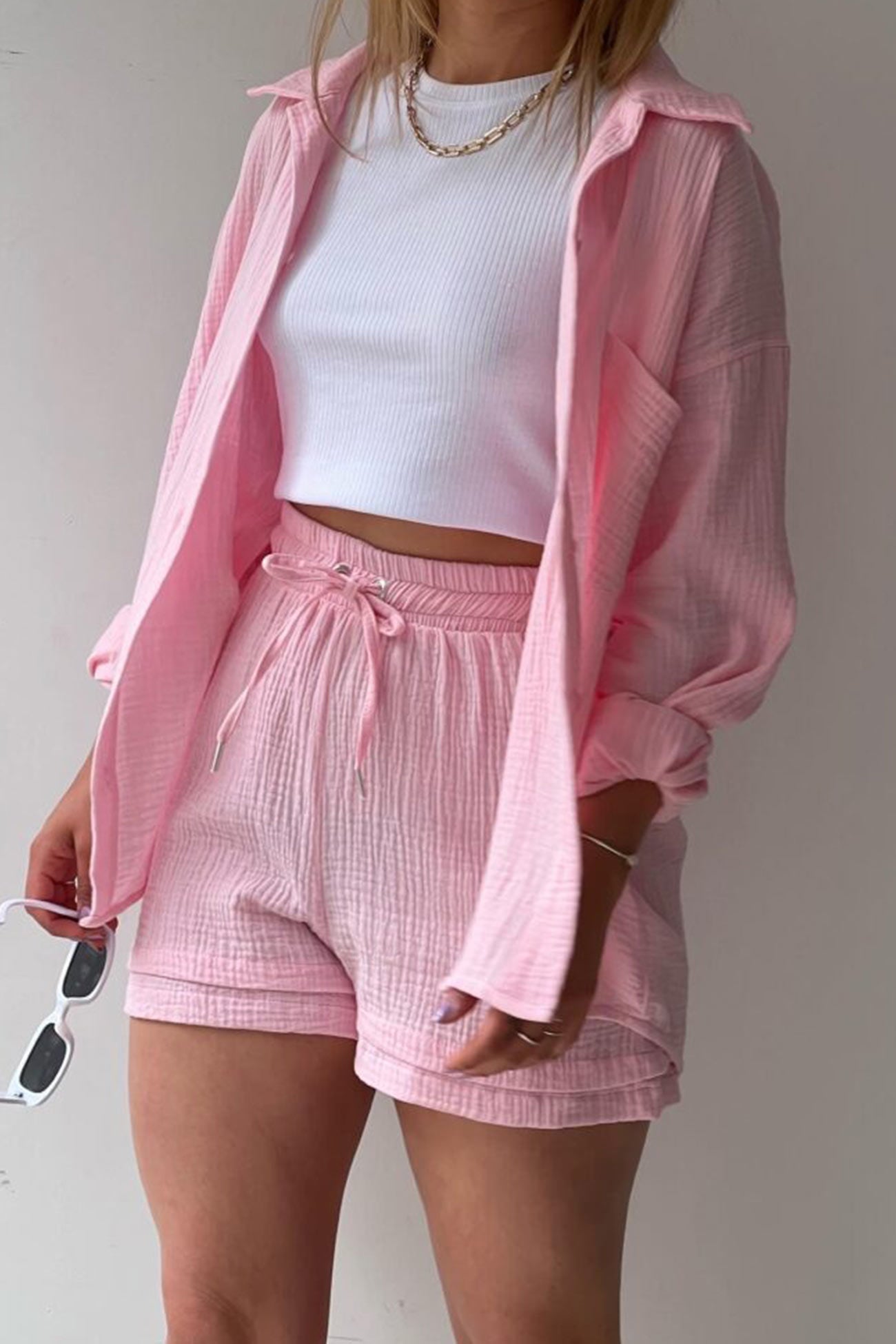 Damen Shorts Set Mit Hemd Und Tunnelzug