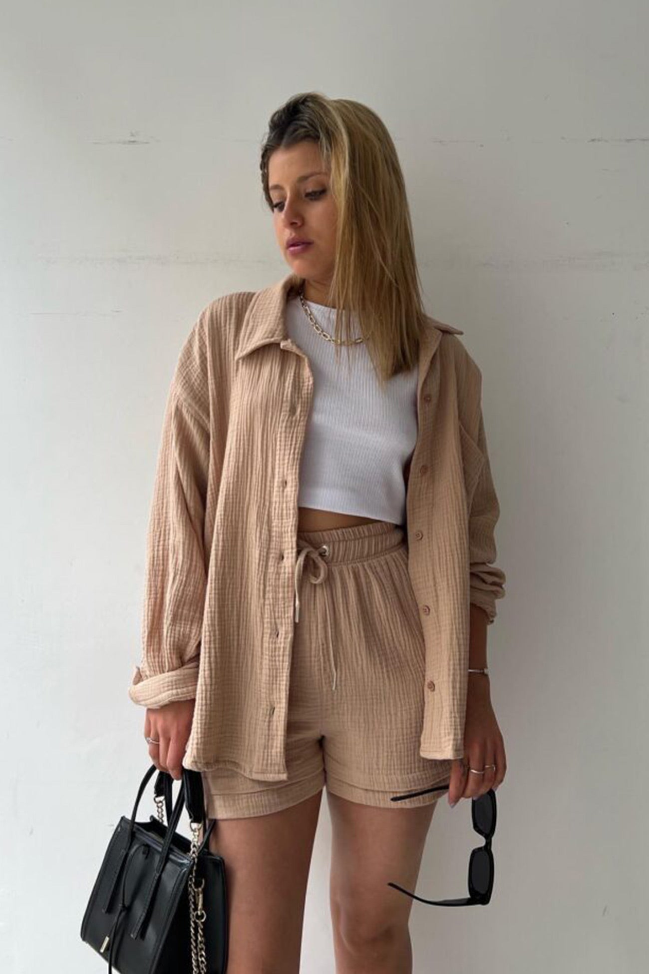 Damen Shorts Set Mit Hemd Und Tunnelzug