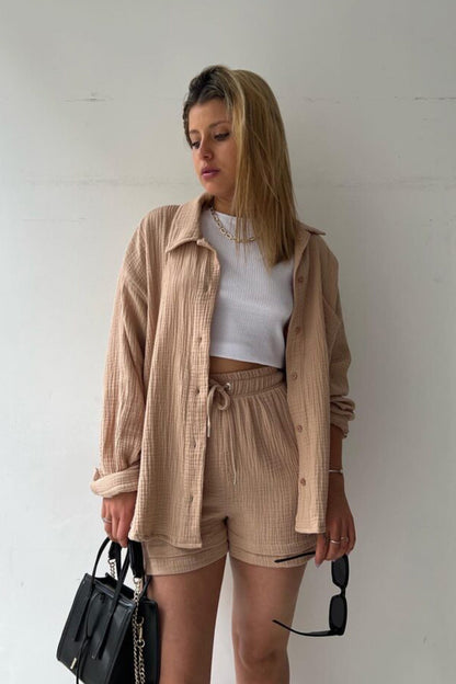 Damen Shorts Set Mit Hemd Und Tunnelzug