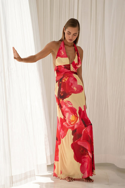 Damen Maxikleid Mit Print Und Rückenfreiem Schnitt