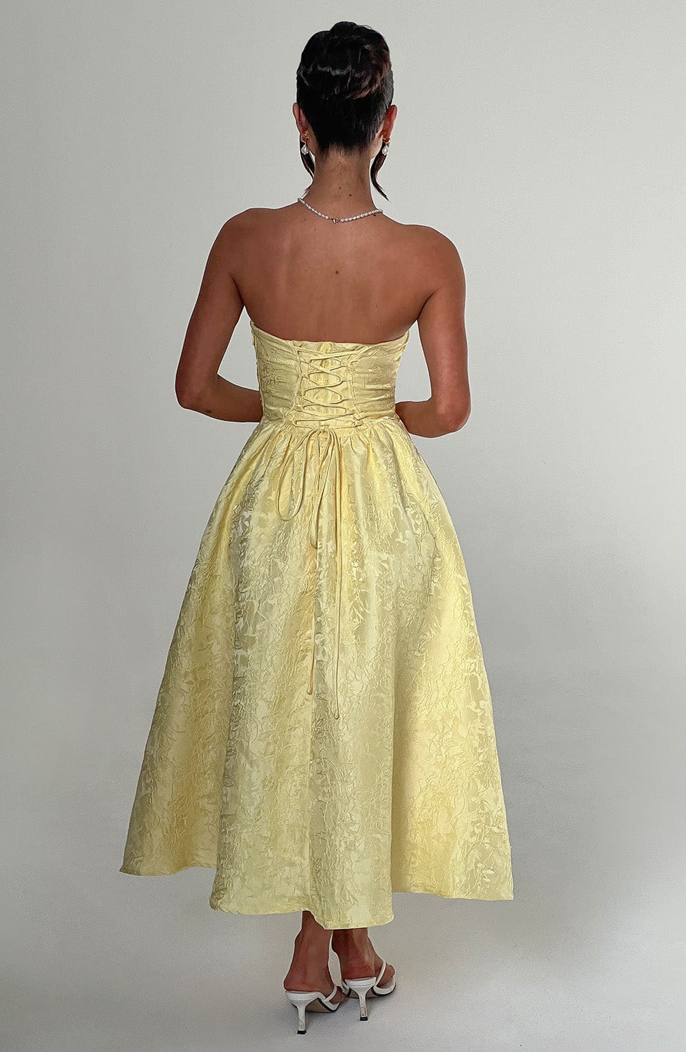 Floral Jacquard Trägerloses Midi-Kleid Zitrone