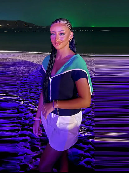 Damen Strickoberteil mit Reverskragen und kurzen Ärmeln in Marineblau