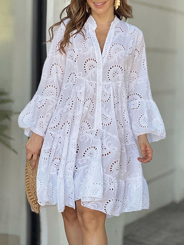 A-Linien Mini-Kleid mit V-Ausschnitt und ausgestellten Ärmeln