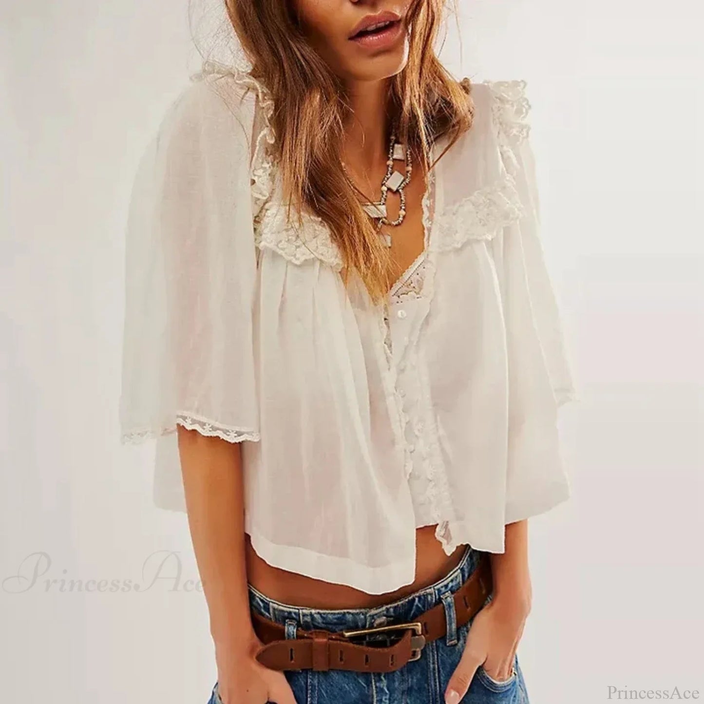 Women's Chiffon Ruffle Lace Trim Low Cut Blouse
