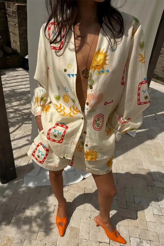 Damen Zweiteiler mit Blumenmuster und Reverskragen