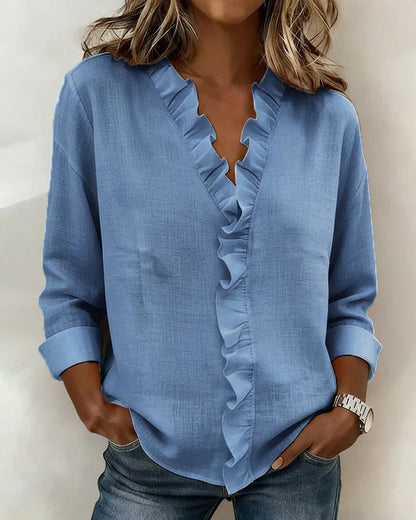 Bluse mit Rüschen und V-Ausschnitt, langärmlig