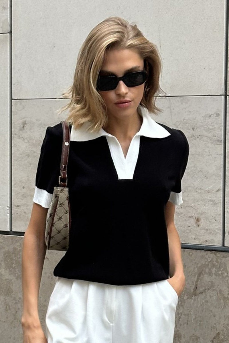 Schwarzer Polo-Strickpullover für Damen mit kurzen Ärmeln