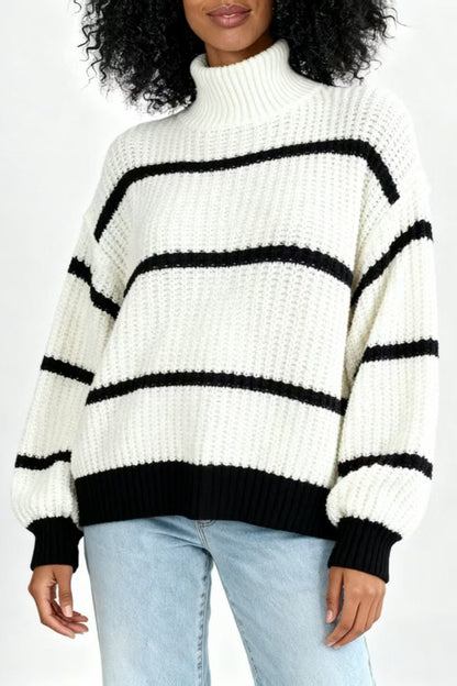 Damen Gestreifter Strickpullover Mit Rollkragen Im Relaxed Fit