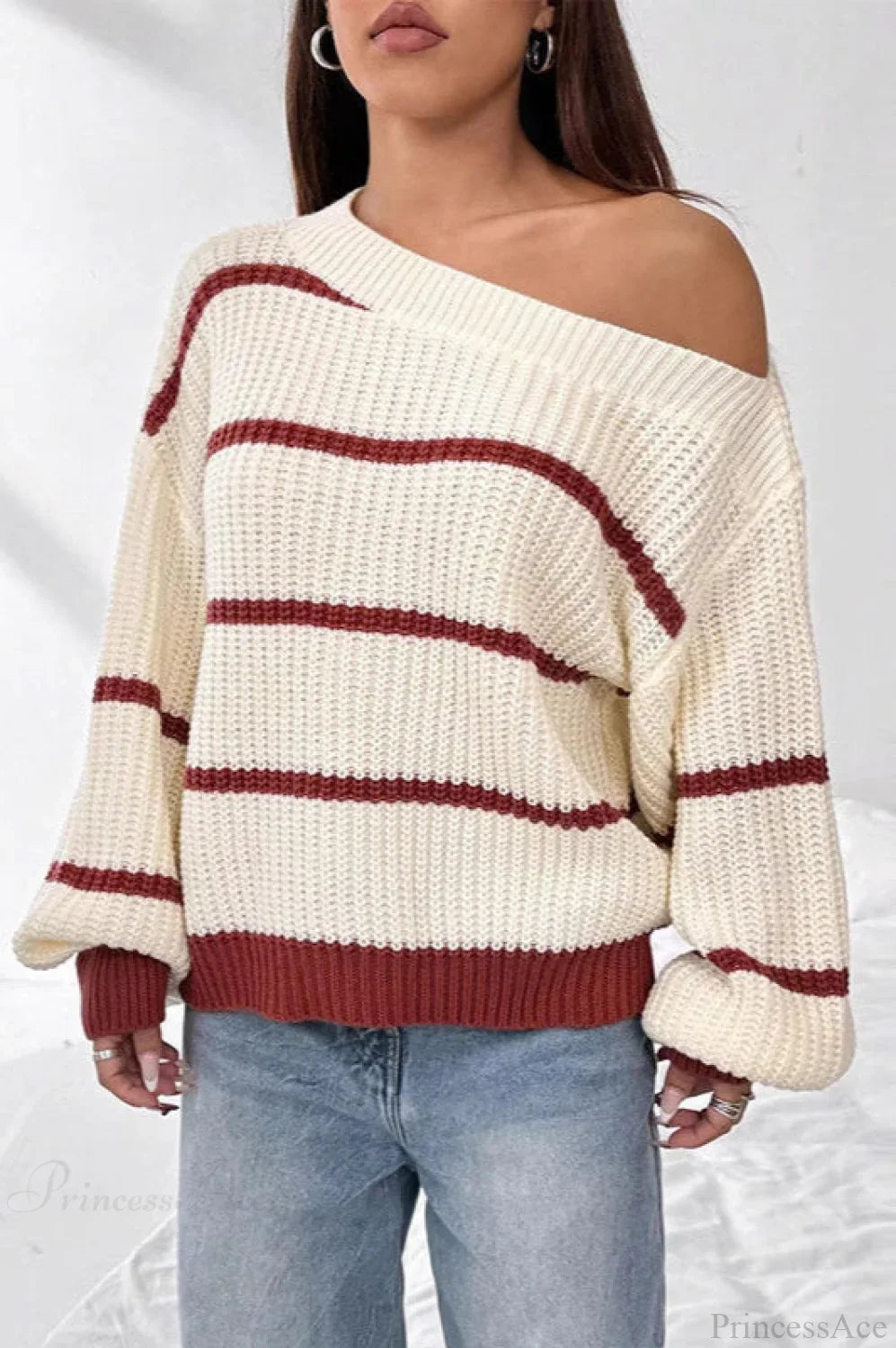 Gestreifter Off-Shoulder-Strickpullover für Damen mit langen Laternenärmeln