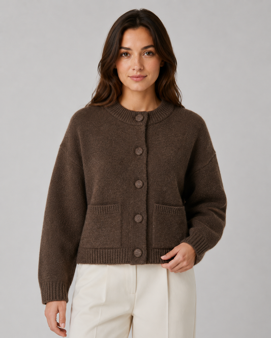 Damen-Cropped-Strickjacke aus Bouclé-Strick mit aufgesetzten Taschen