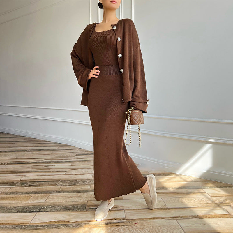 Damen-Strick-Zweiteiler im Slim-Fit mit Oberteil und passender Hose
