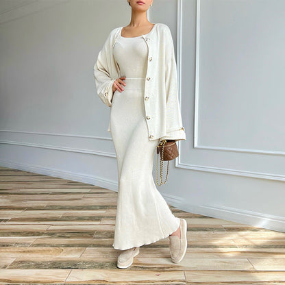 Damen Strick-Zweiteiler Slim Fit Mit Knopfleiste