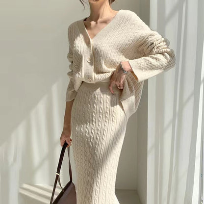 Damen Strickset Mit V Ausschnitt Und Hochtaillenrock