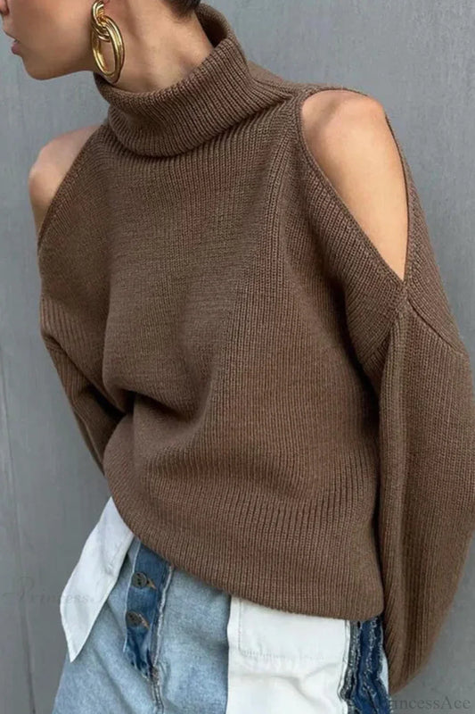 Damen Strickpullover mit Cut-Outs an den Schultern und Rollkragen in lockerer Passform