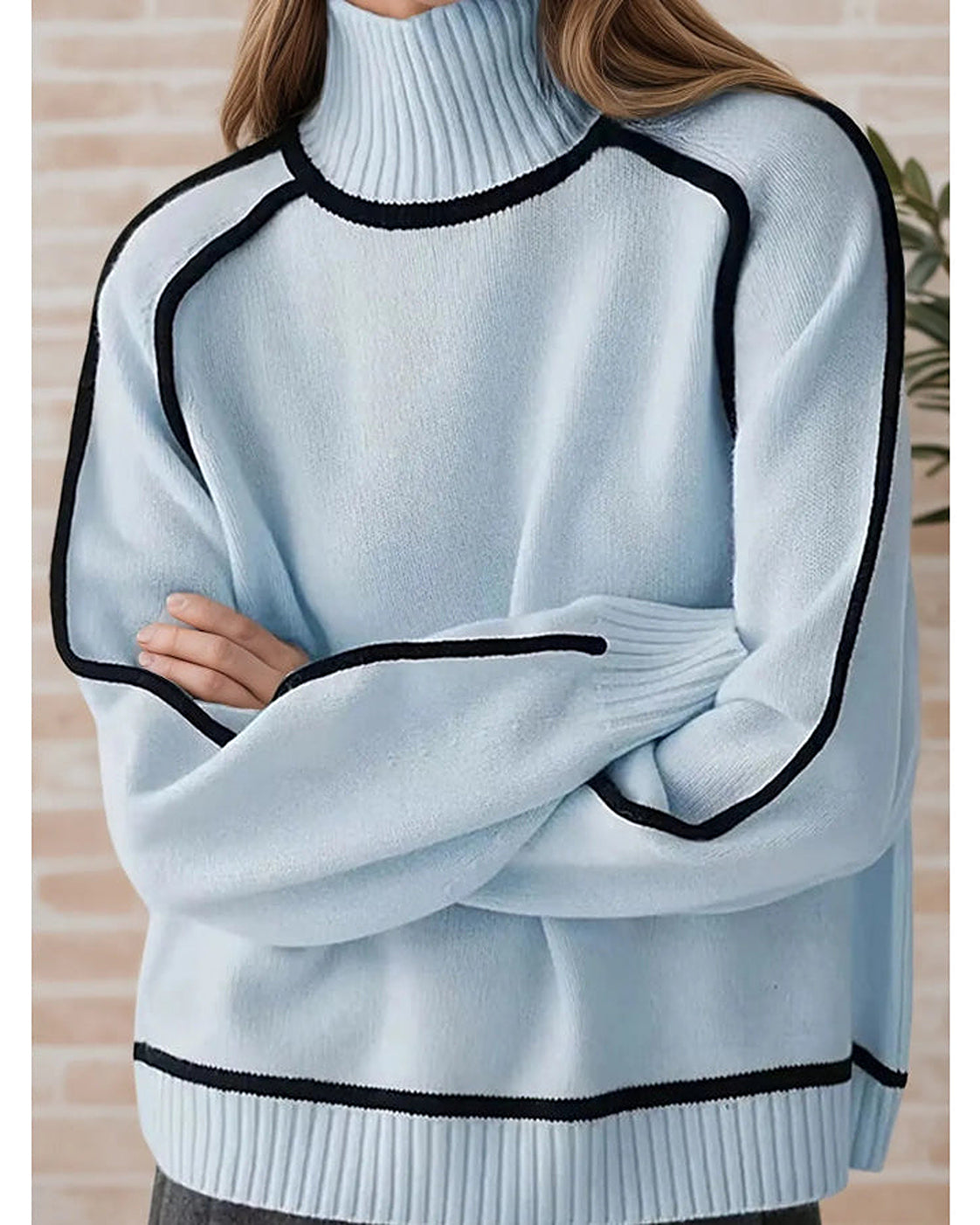Damen Oversize Rollkragenpullover Mit Kontrastpaspel