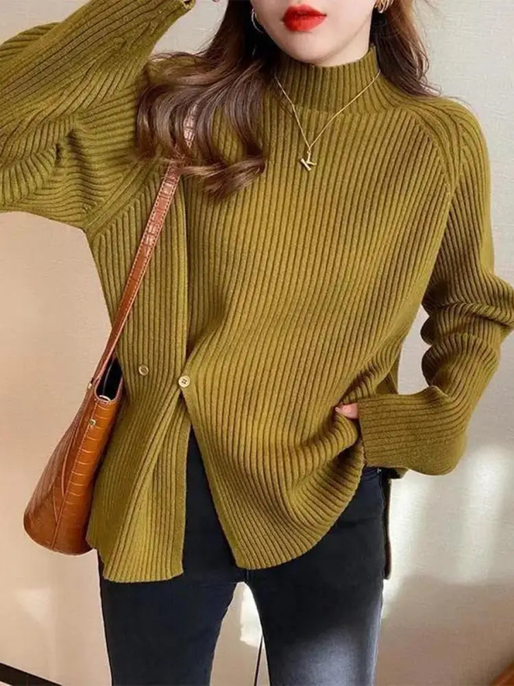 Damen Strickpullover mit Rollkragen und Knopfspalt-Detail