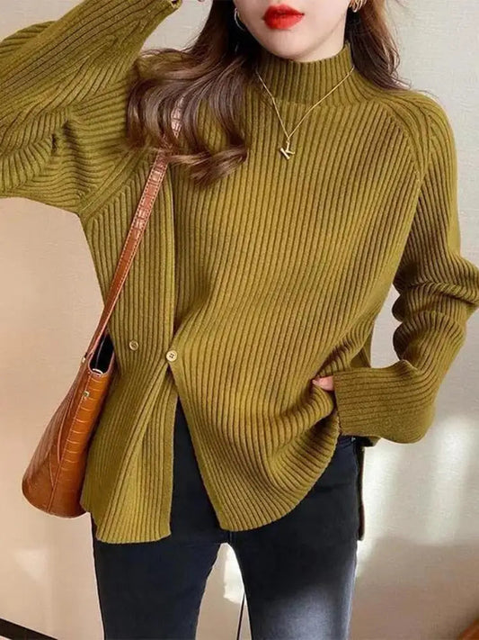 Women's Knitted Roll Neck Jumper with Button Placket Detail