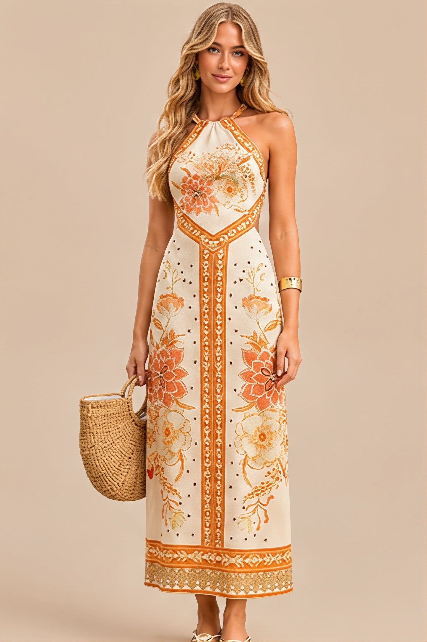 Damenkleid mit floralem Muster und Neckholder, Detailansicht des Oberteils