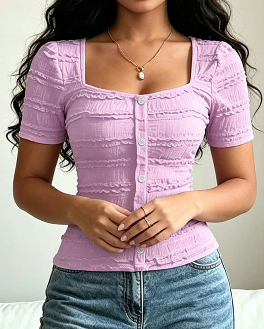 Damen T-Shirt mit eckigem Ausschnitt und Knopfleiste in unifarbenem Design