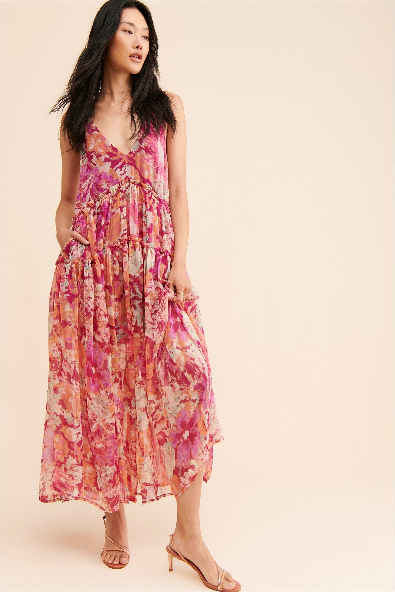 Ärmelloses Boho-Maxikleid für Damen mit floralem Muster, Rückansicht