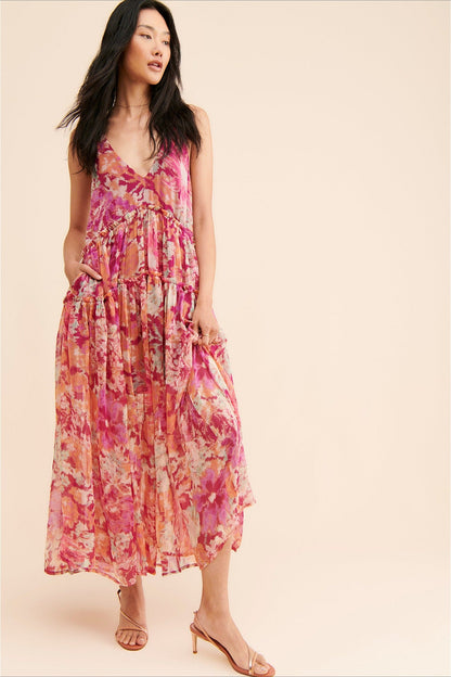 Ärmelloses Boho-Maxikleid für Damen mit floralem Muster, Rückansicht