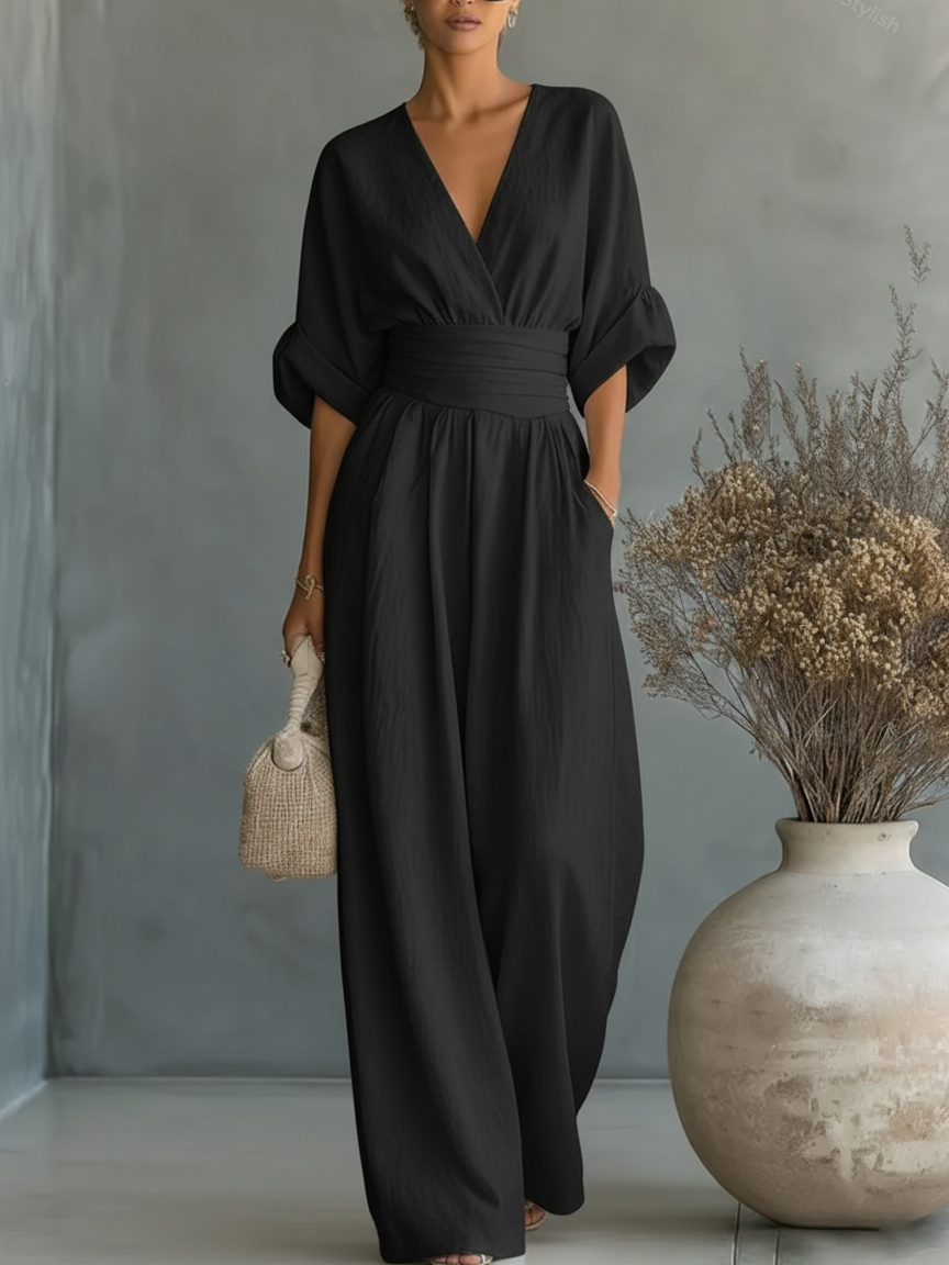 Eleganter V-Ausschnitt Jumpsuit mit hoher Taille und lockerem Sitz für Damen