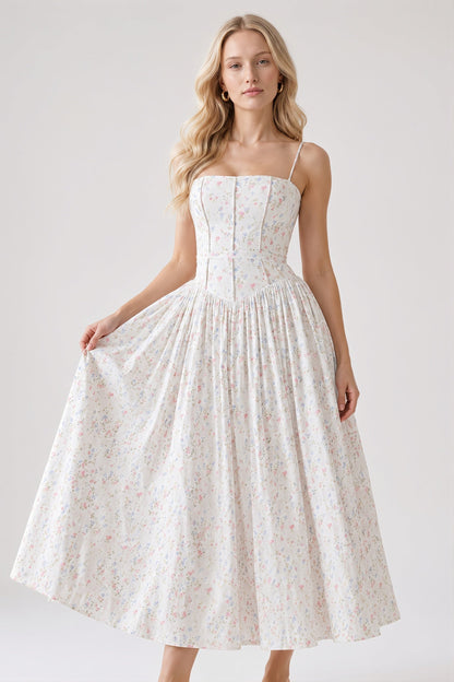 Damen-Maxikleid mit Blumenprint und schmalen Trägern in Rückansicht