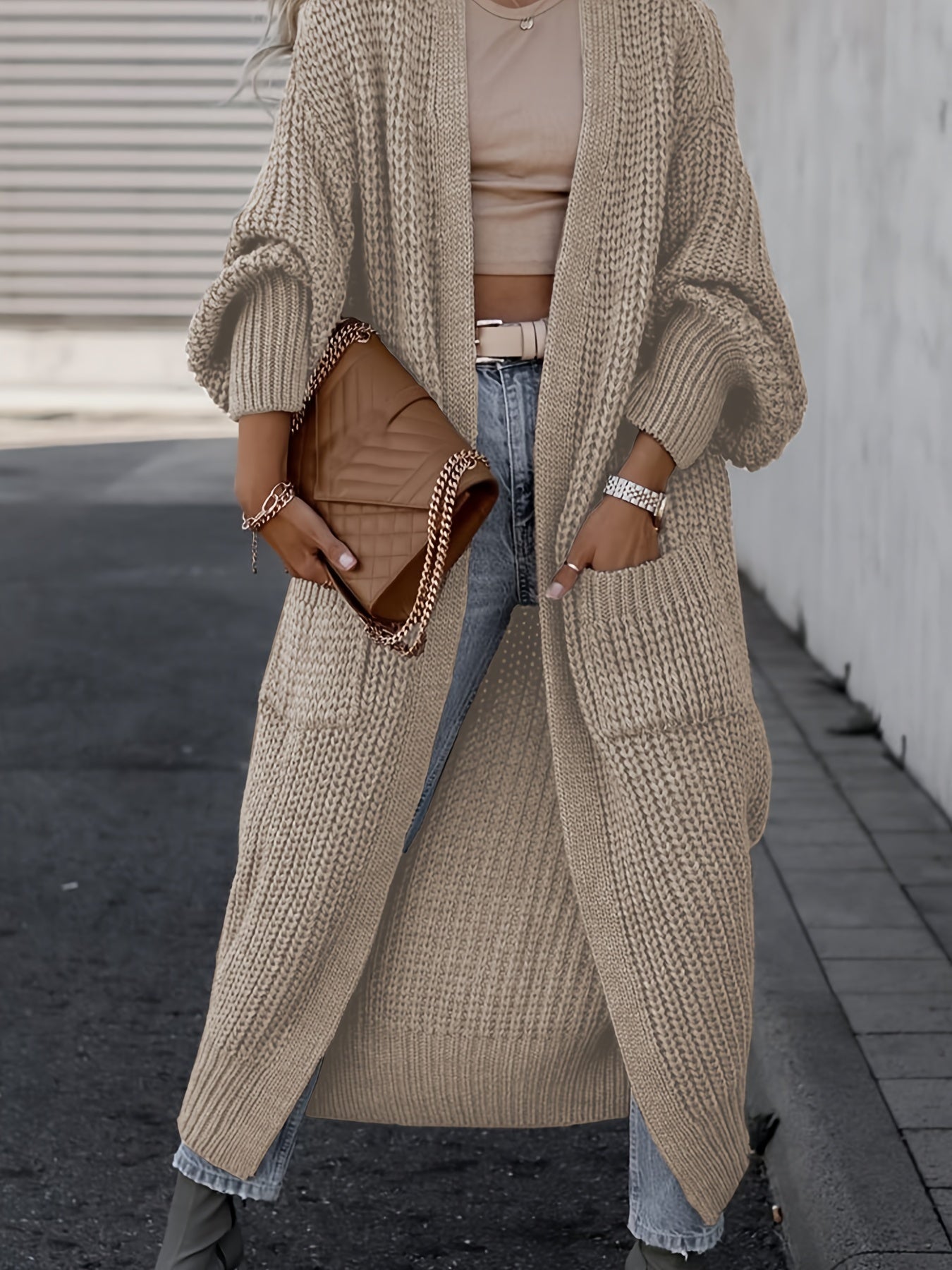 Damen Maxi-Cardigan mit langen Ärmeln und praktischen Taschen