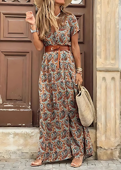 Midi-Kleid mit Boho-Print und geraffter Taille