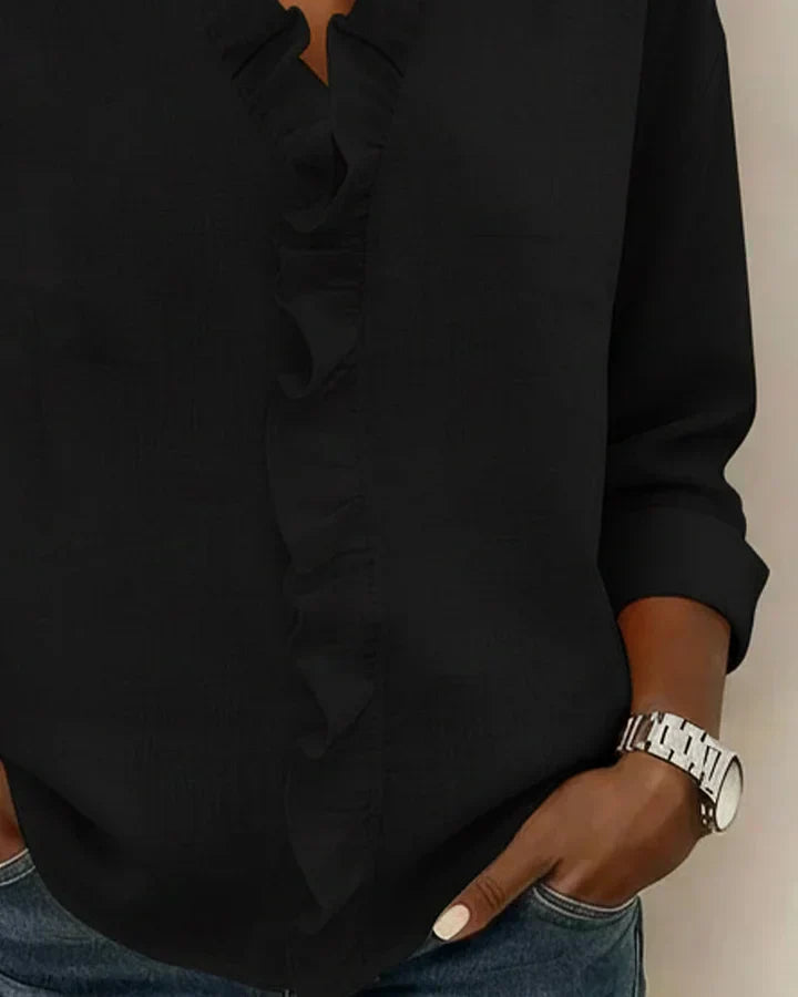 Bluse mit Rüschen und V-Ausschnitt, langärmlig