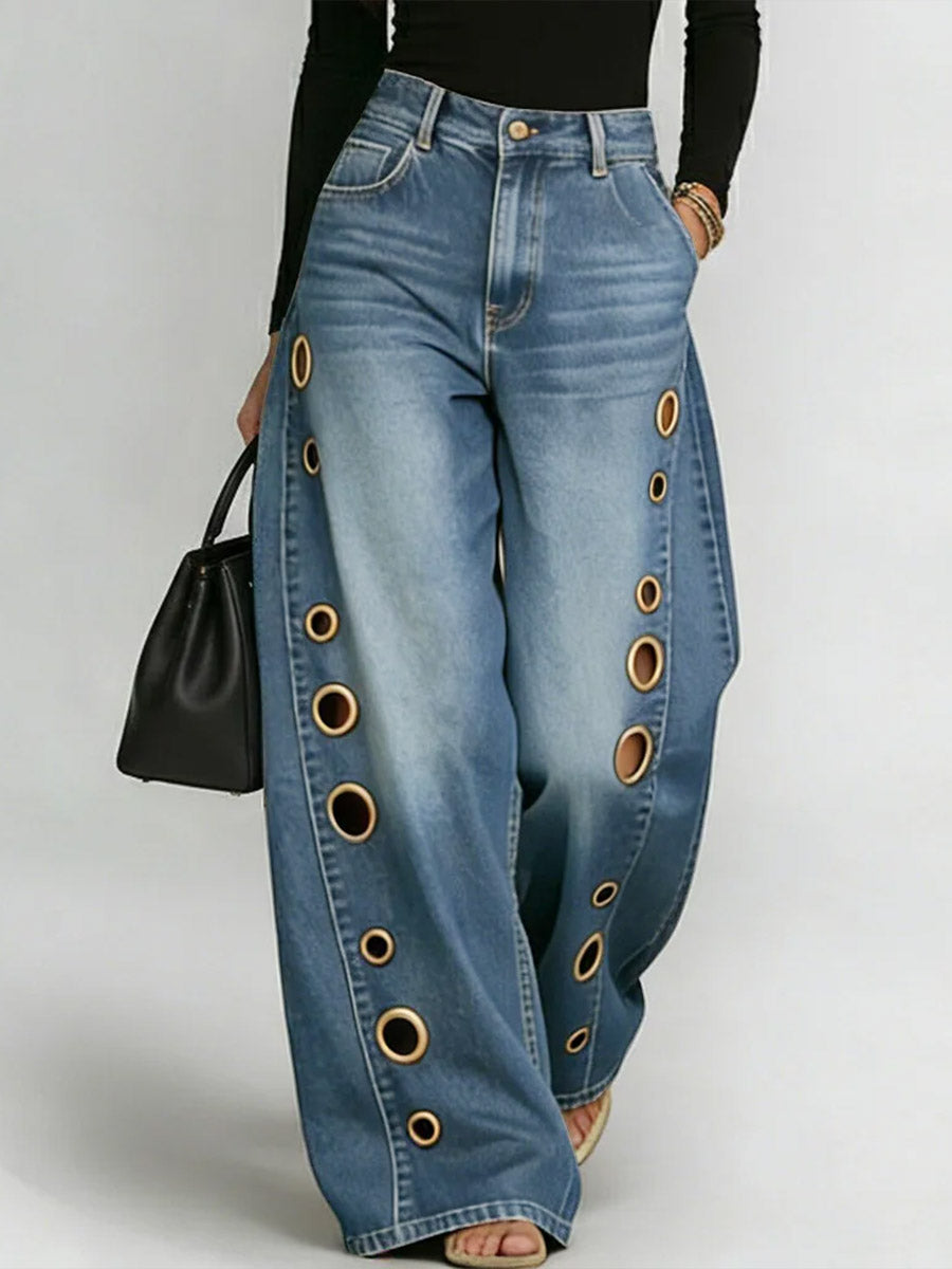 Damen High-Waist Freizeit Jeans mit weitem Bein