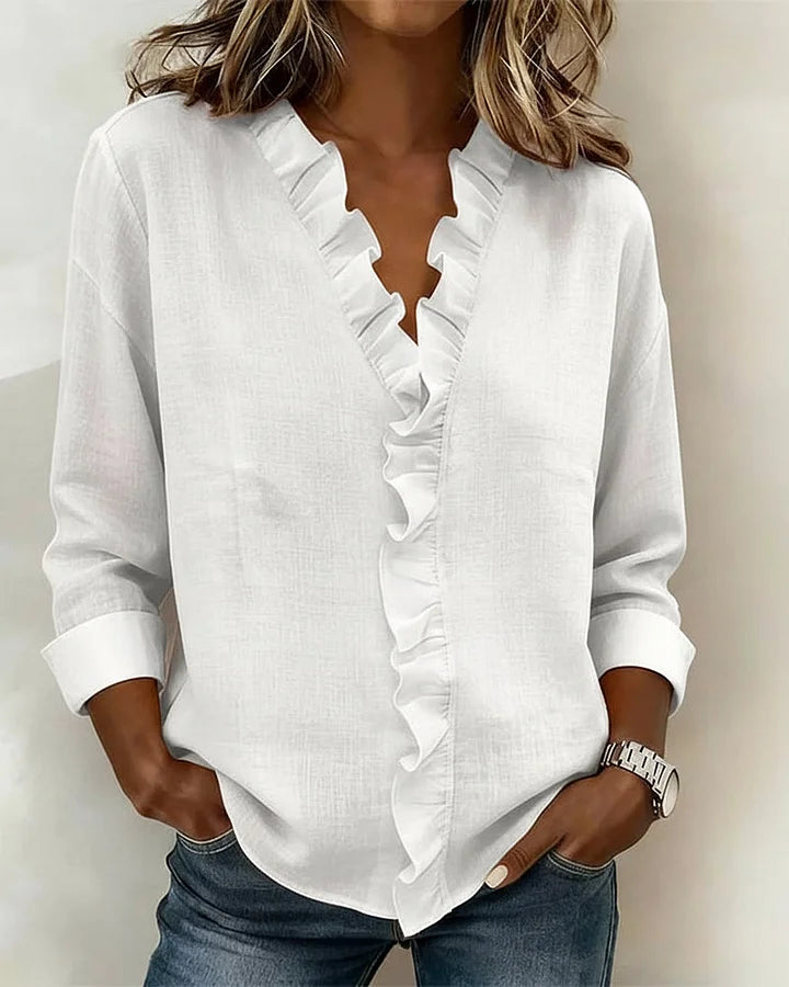 Bluse mit Rüschen und V-Ausschnitt, langärmlig