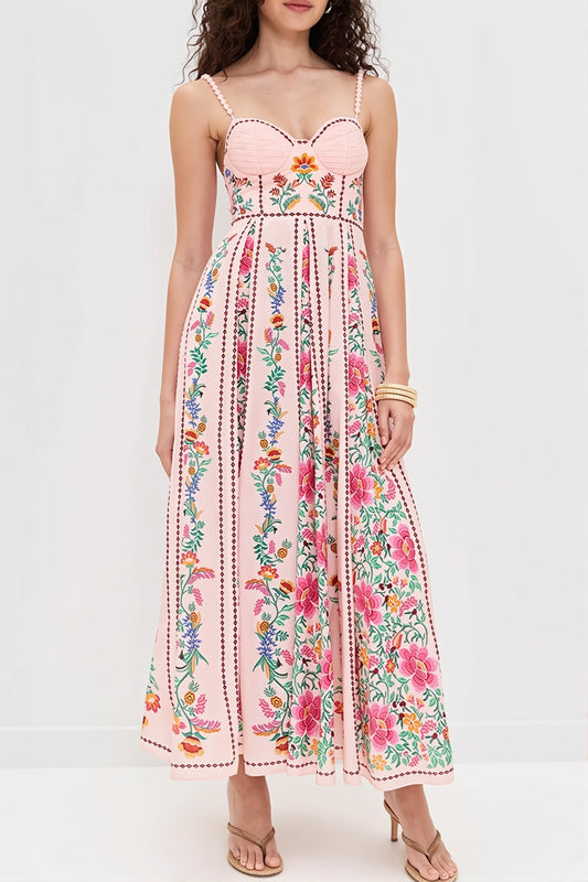 Damen-Maxikleid mit Blumenmuster und feinen Spaghettiträgern in langer Boho-Silhouette