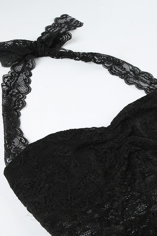 Spitzen-Rüschentop mit schmaler Passform und Neckholder in Schwarz