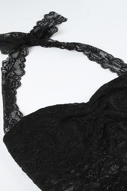 Spitzen-Rüschentop mit schmaler Passform und Neckholder in Schwarz