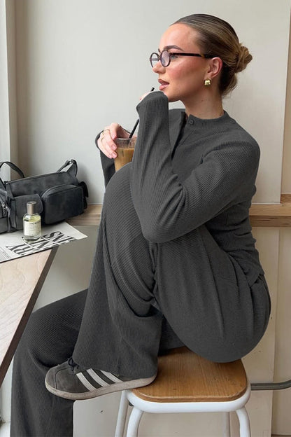 Damen Rippstrick Cardigan Set mit passender Hose