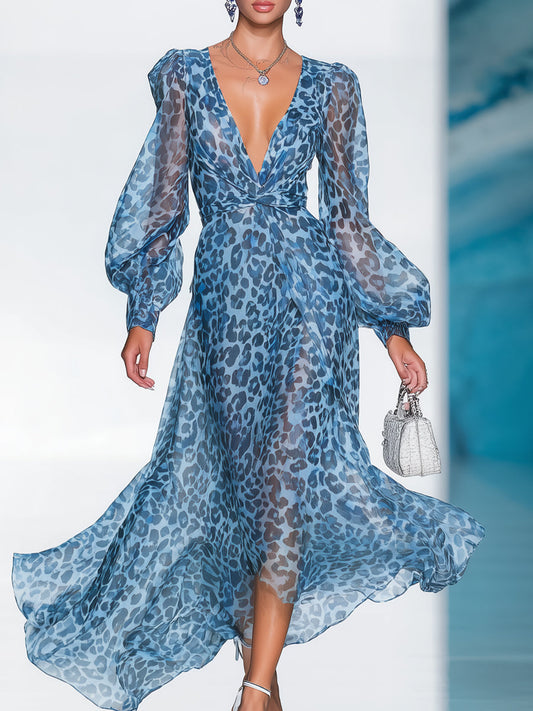Damen Maxikleid in Blau mit Leopardenmuster und tiefem V-Ausschnitt