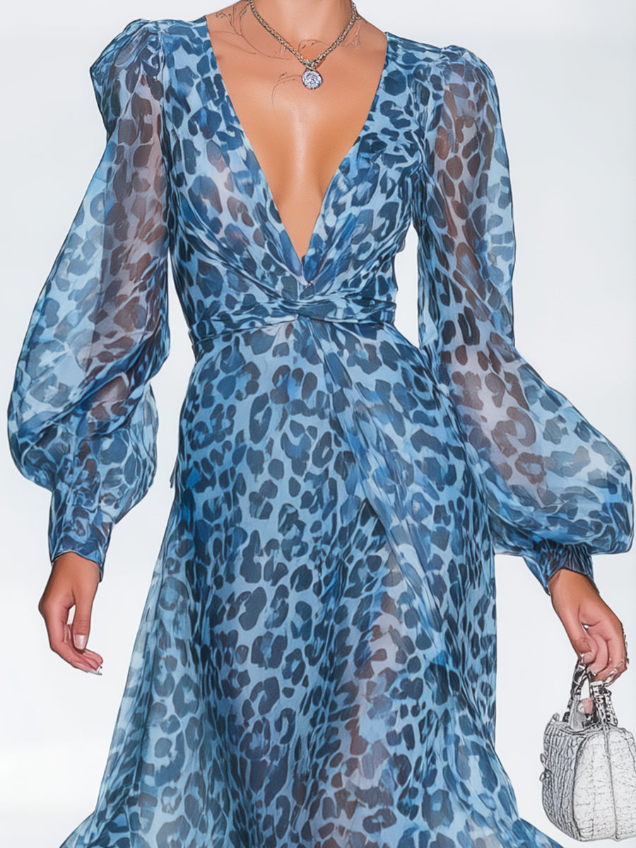 Blaues Maxikleid für Damen mit Ballonärmeln und Leopardenprint