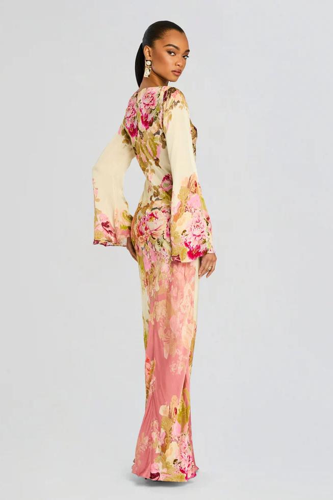 Damen Maxikleid mit langen Ärmeln und Trompetenmanschetten