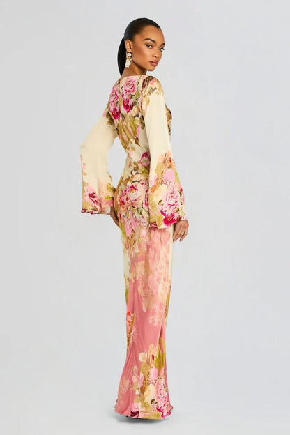 Damen Maxikleid mit langen Ärmeln und Trompetenmanschetten