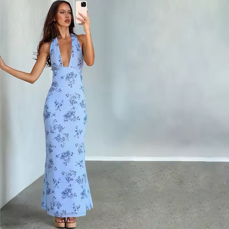 Neckholder-Maxikleid für Damen mit sommerlichem Blumenmuster in voller Länge