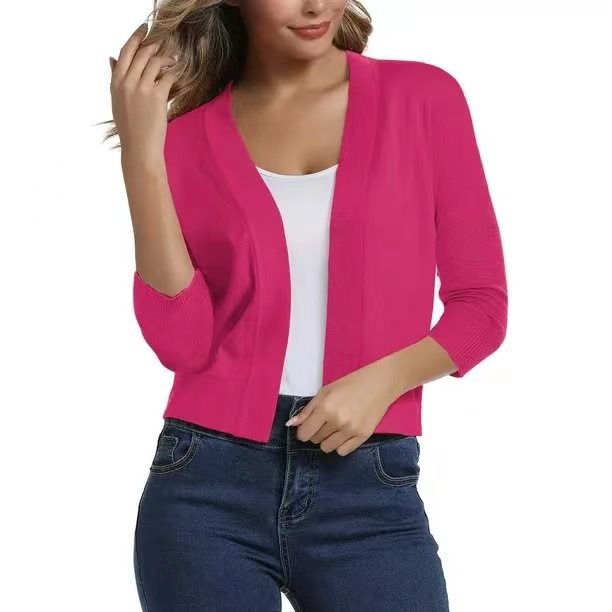 Damen Kurzcardigan Mit Offener Front Und Dreiviertelärmeln
