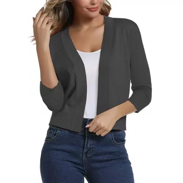 Damen Kurzcardigan Mit Offener Front Und Dreiviertelärmeln