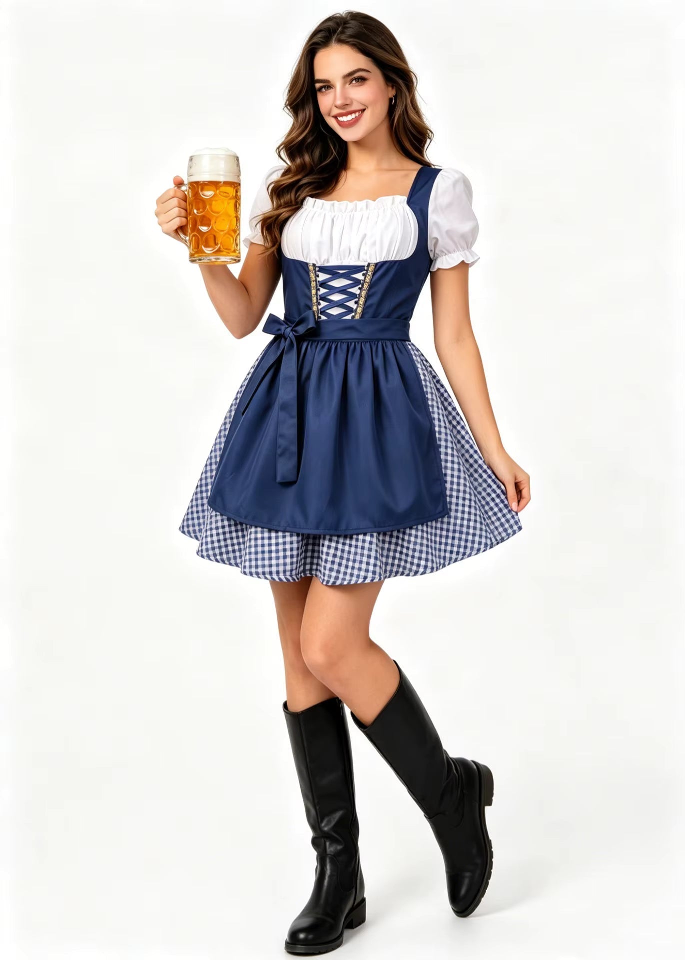 Damen-Dirndl mit rotem Oberteil, blauem Detail und passender Schürze