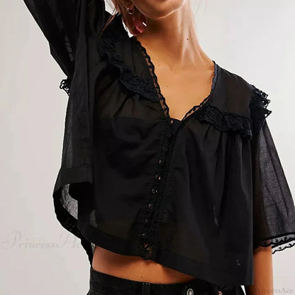 Women's Chiffon Ruffle Lace Trim Low Cut Blouse