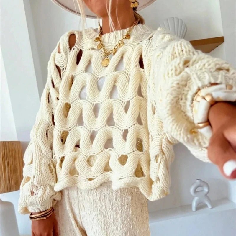 Langärmliger gehäkelter Strickpullover