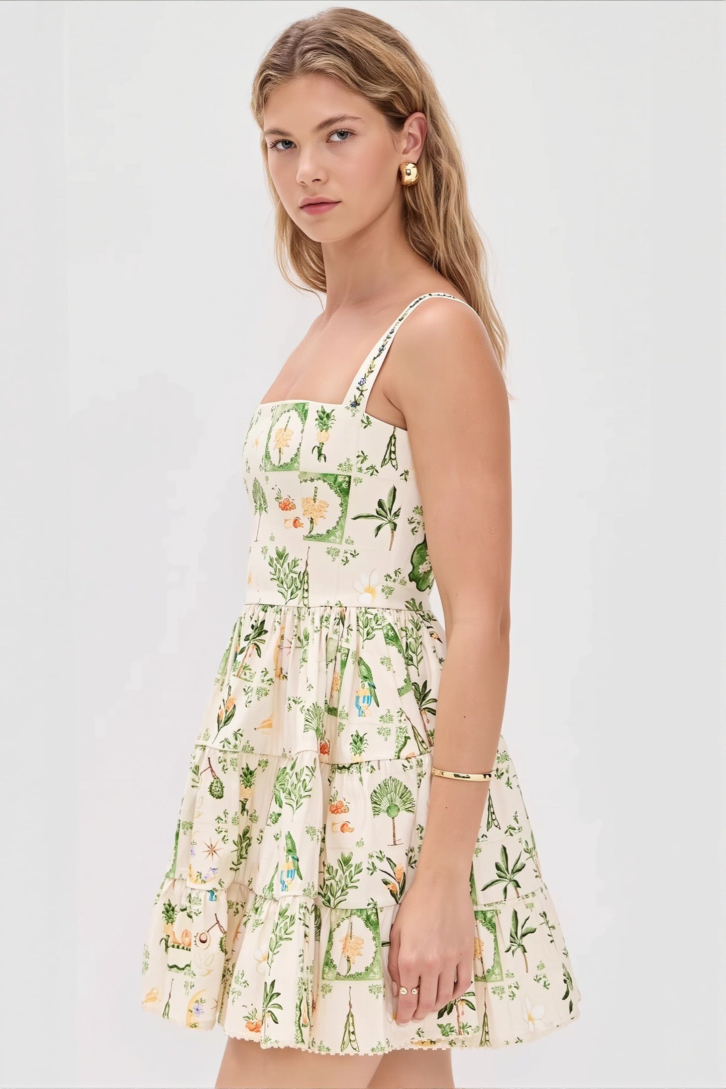 Damen-Midikleid mit Pflanzenprint in Seitenansicht